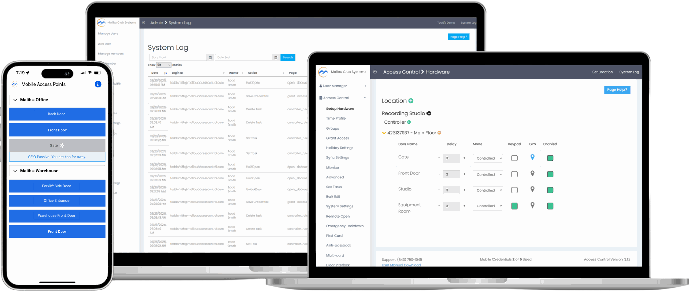 Malibu access control dashboard on multiple devices