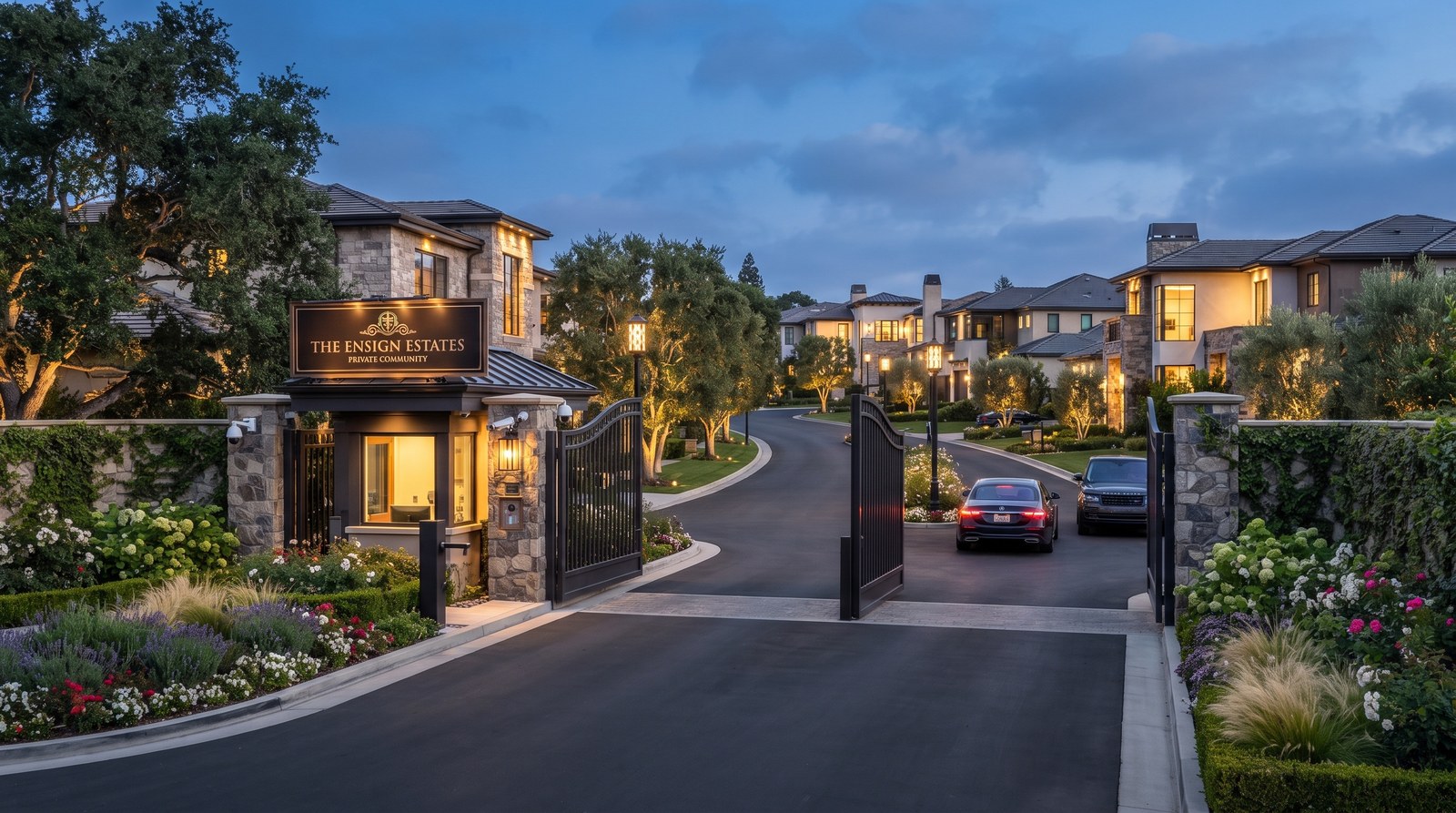 Gated community entrance with vehicle and pedestrian gates