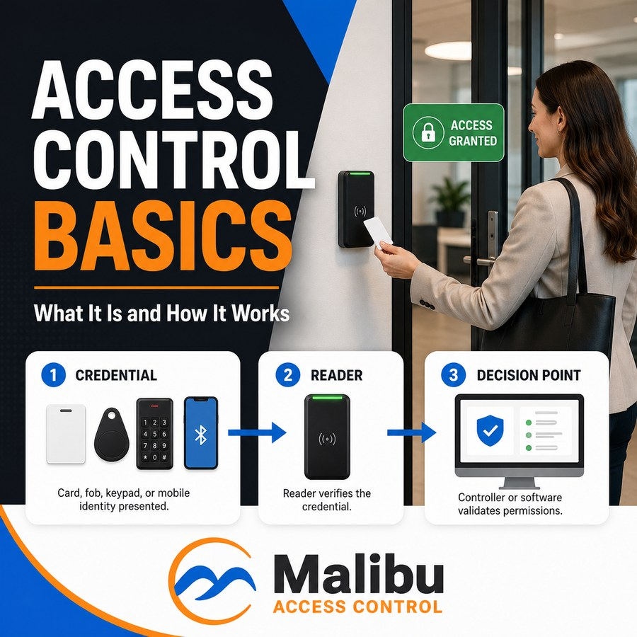 A three-step diagram — credential (card, fob, keypad, or mobile), then reader, then controller software making the decision — beside a person badging a card at a Malibu reader with an "Access granted" indicator.