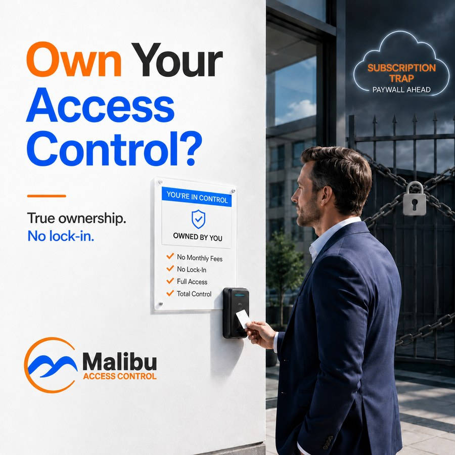 A man badges a card at a Malibu reader beside a sign reading "Owned by you — no monthly fees, no lock-in, full access, total control," opposite a chained and padlocked gate under a neon cloud warning about subscription paywalls.