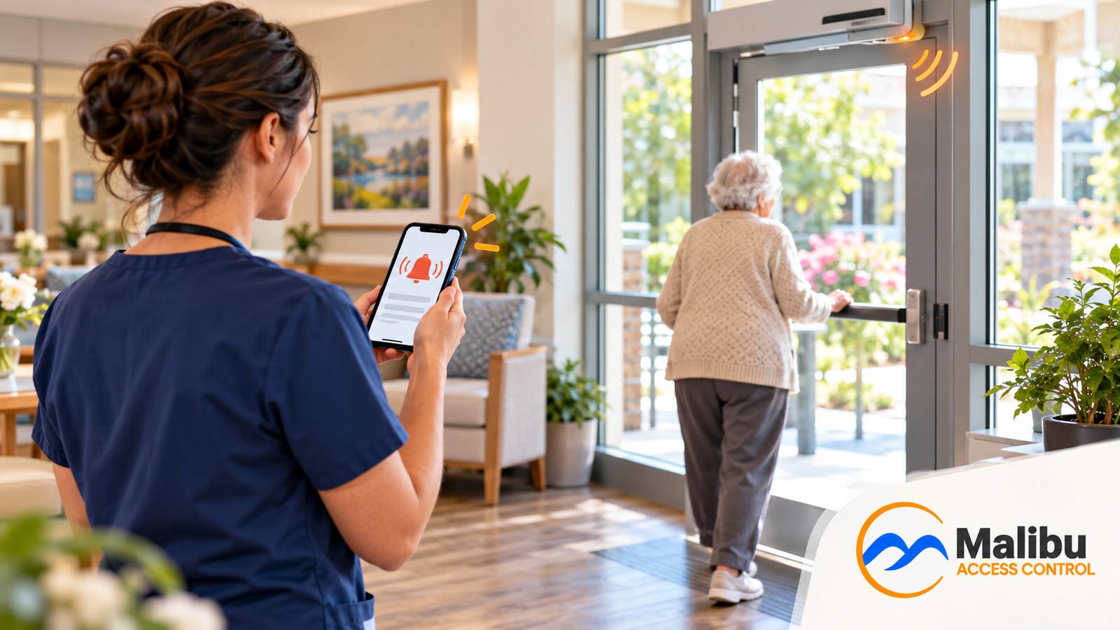 A caregiver in navy scrubs holds a phone showing a red alert bell while, across a sunlit senior care lobby, an elderly resident pushes open a glass exit door whose sensor signals the opening.
