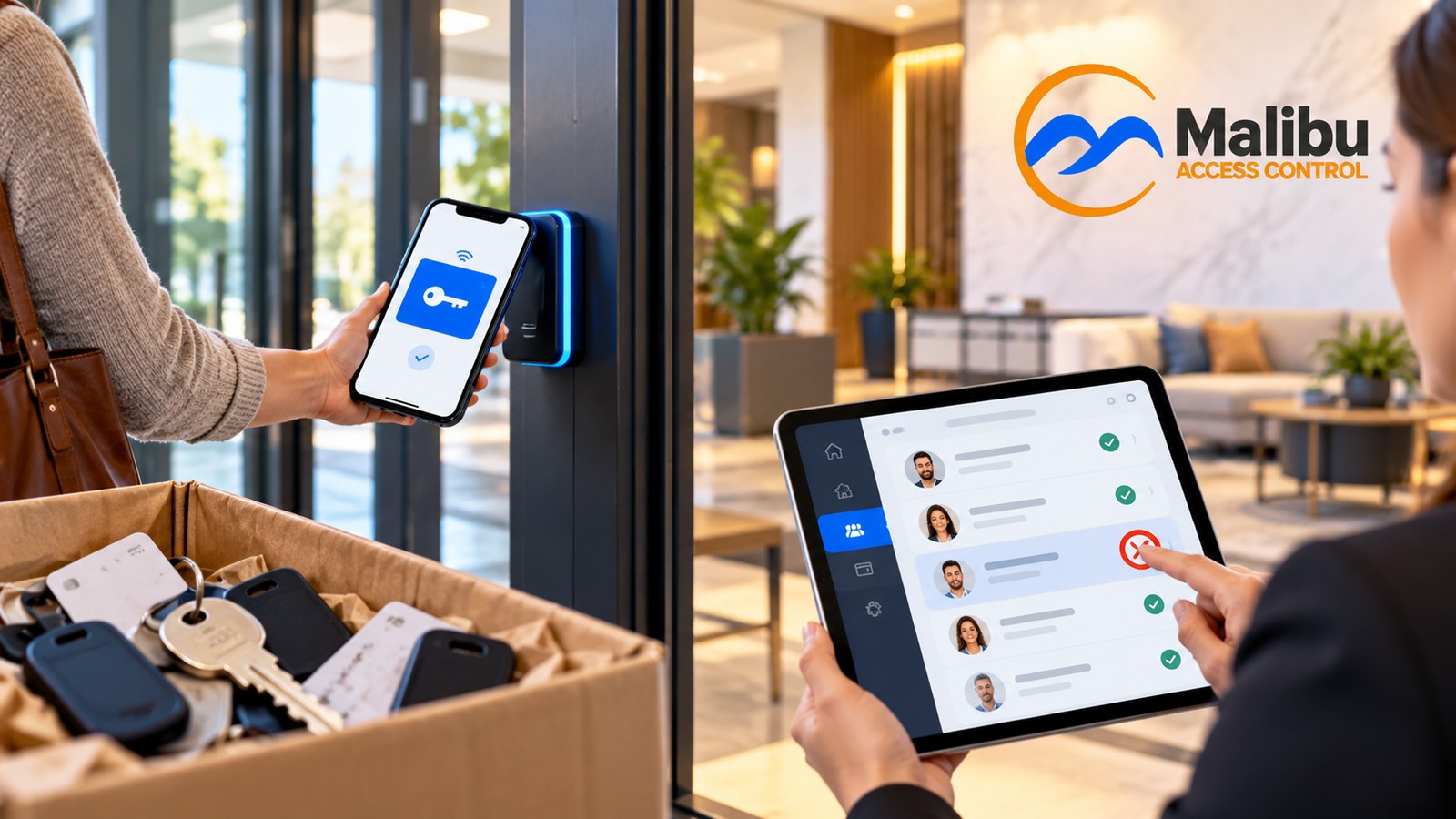 In an apartment building lobby, a resident opens a door by holding a phone showing a blue key credential to a glowing Malibu reader, beside a moving box full of old keys, fobs, and cards, while a property manager revokes one resident’s access on a tablet list where everyone else shows a green checkmark.