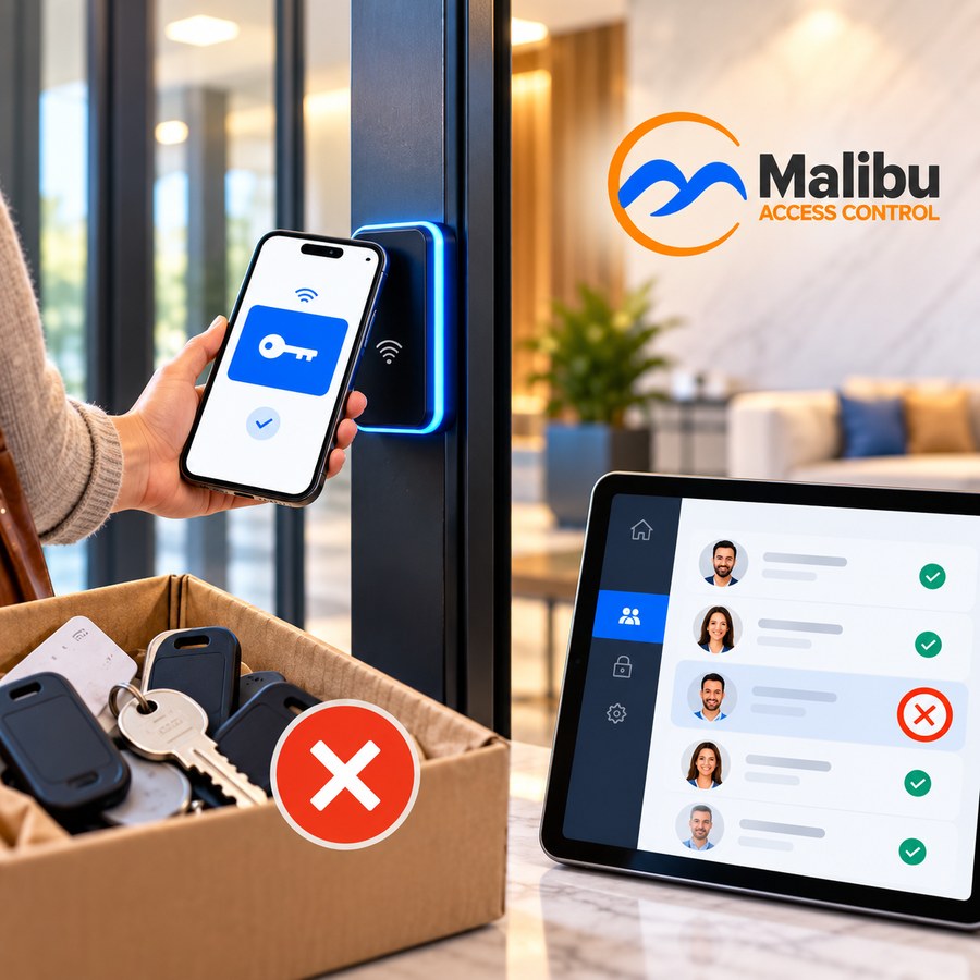 In an apartment building lobby, a resident opens a door by holding a phone showing a blue key credential to a glowing Malibu reader, beside a moving box full of old keys, fobs, and cards, while a property manager revokes one resident’s access on a tablet list where everyone else shows a green checkmark.