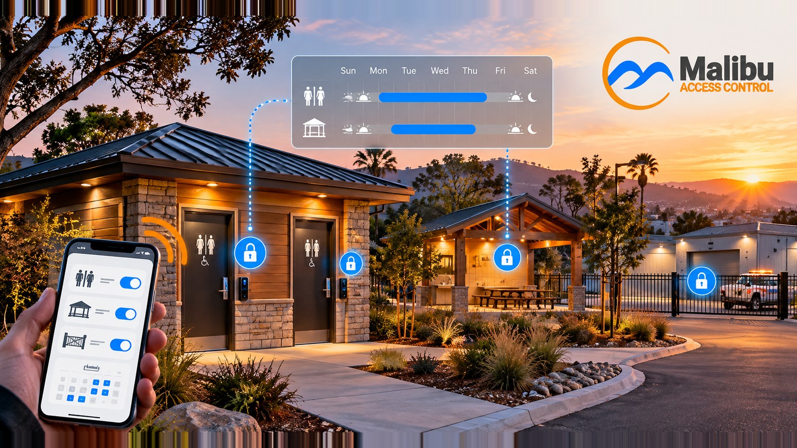 A park restroom building and pavilion at sunset, with glowing blue lock icons on the doors linked to an on-screen sunrise-to-sunset schedule, while a hand holds a phone with toggles for the restrooms, pavilion, and gate.
