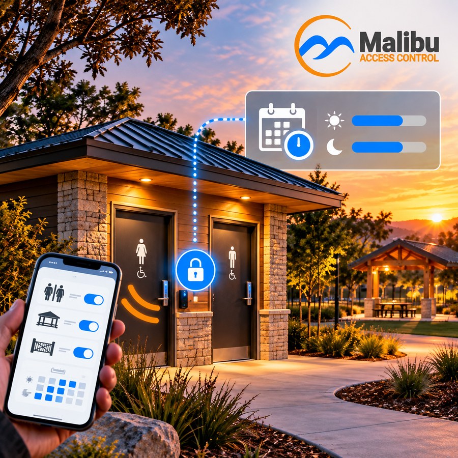 A park restroom building and pavilion at sunset, with glowing blue lock icons on the doors linked to an on-screen sunrise-to-sunset schedule, while a hand holds a phone with toggles for the restrooms, pavilion, and gate.
