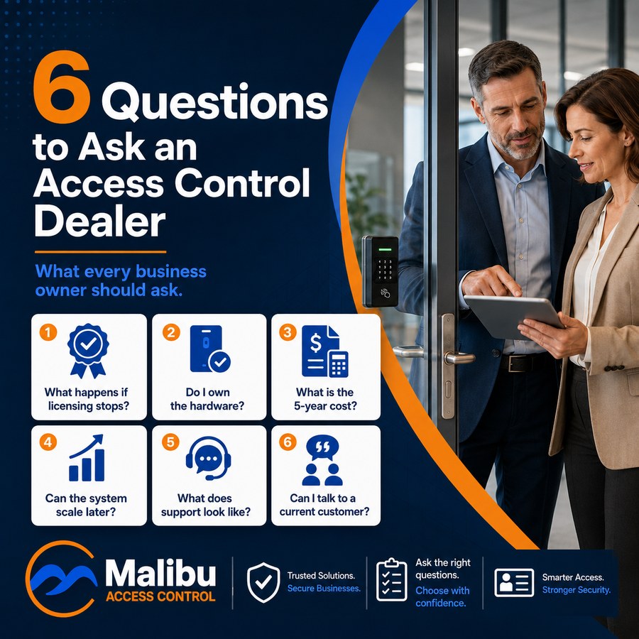 Six numbered question cards — what happens if licensing stops, do I own the hardware, what is the 5-year cost, can the system scale later, what does support look like, can I talk to a current customer — beside two people reviewing a tablet at a door fitted with a Malibu keypad reader.