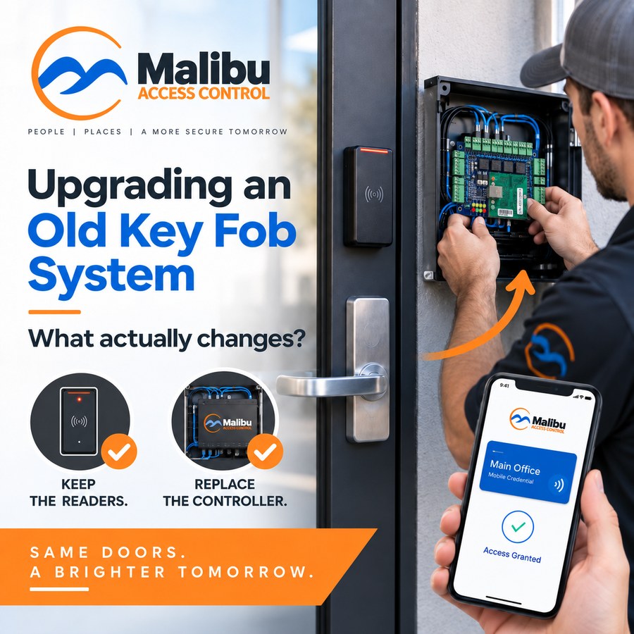 A technician replacing the circuit board inside a wall-mounted controller enclosure beside an office door that keeps its existing reader and lever lock, with an arrow reading "just the controller changes," checkmarked icons for keeping the same readers and locks, and a phone showing a Main Office mobile credential and "Access granted."